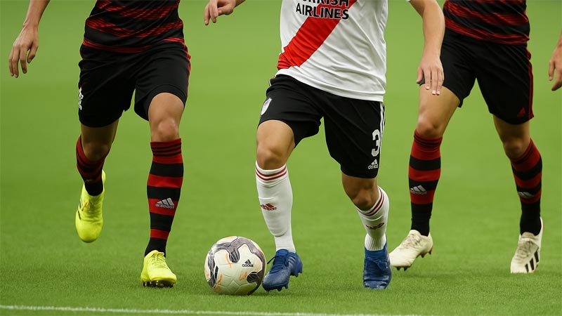 Jugadores de Flamengo y River Plate disputando el balón durante un partido de fútbol, ideal para ilustrar apuestas deportivas con enfoque en goles.