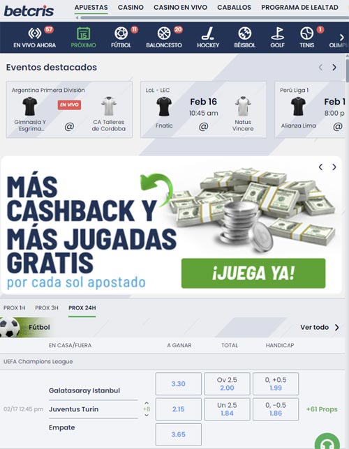 sitio web de Betcris Pantallazo web de Betcris en Perú