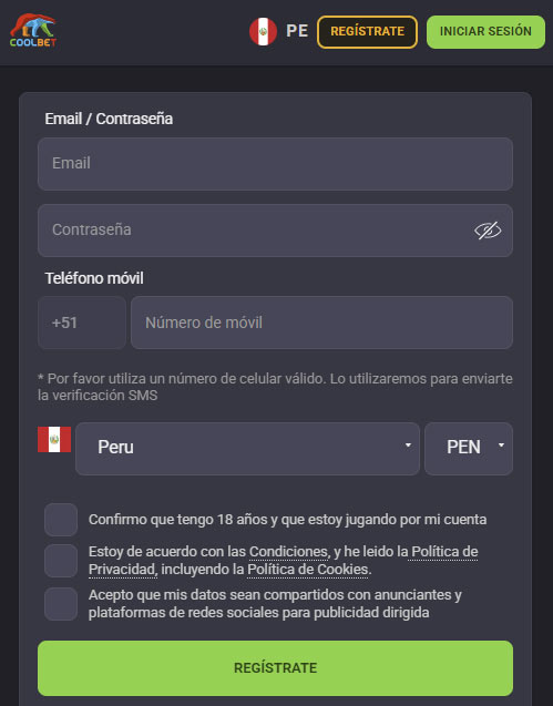 Formulario de registro Coolbet Perú