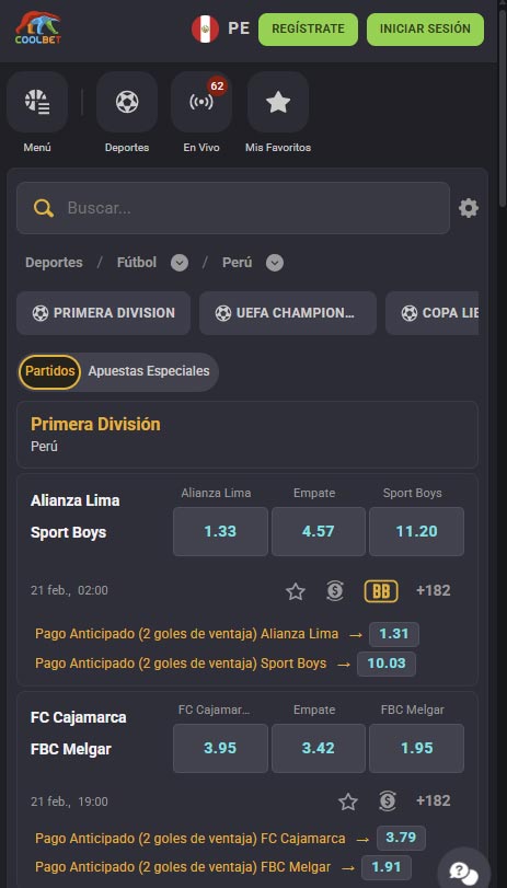 Página web Coolbet Perú - version movil