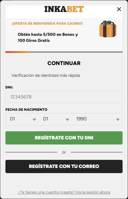 Formulario de registro en Inkabet (www.inkabet.pe)